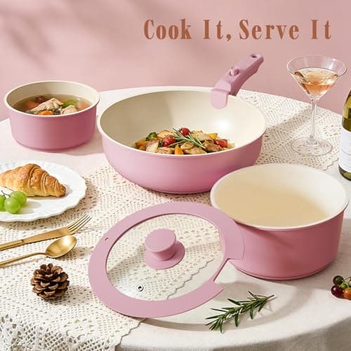 Umite Chef Pots and Pans Set Non Stick, 21 pcs Nonstick Ceramic Cookware Set, RV Kitchen Cooking Set with Detachable Handles, Oven Safe, Induction Cookware, Stackable, Pink, PFAS PFOA & PTFE Free — view 7