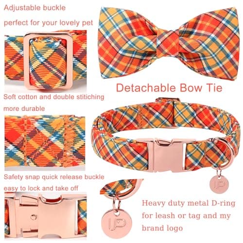 UP URARA PUP Autumn Plaid Dog Collar and Bow Tie Set – Orange Yellow Checkered Adjustable Fall Collar with Maple Leaf Charm for Small Medium Large Dogs, Soft Cotton Pet Collars with Buckle and D-Ring — view 2