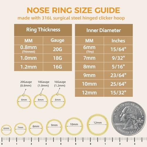 Afftiny Nose Rings Hoops Septum, Surgical Steel Seamless Clicker for Tragus Helix Conch Daith, Hypoallergenic, 20G/18G/16G, 6-12mm, Gold, Silver, Black, Rainbow, Rose Gold (Gold, 2pcs-18G-6mm) — view 3