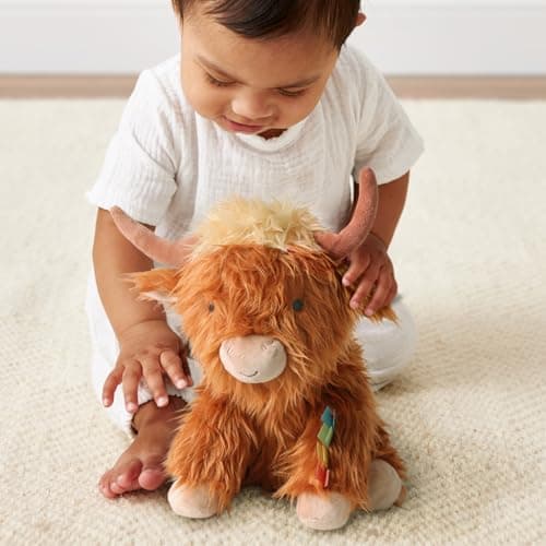Itzy Ritzy Snuggles Plush Toy – Soft Stuffed Animal for Babies, Kids & Adults – Sensory Ribbons & Textured Fabrics for Tactile Play – Cozy & Cuddly Companion for Newborns & Up (Highland Cow)