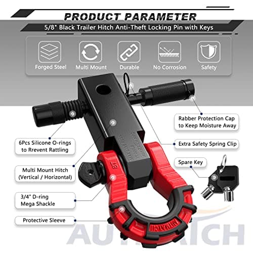 AUTMATCH Shackle Hitch Receiver 2" with 3/4" Mega D Ring Shackle and 5/8" Trailer Hitch Lock Pin, 68,000 Lbs Break Strength Heavy Duty Receiver Towing Kit for Off-Road Vehicle Recovery, Black & Red — view 5