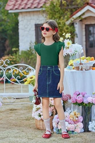 Arshiner Girls Size 7-8 Shirts Fashion Mesh Ruffle Flutter Sleeve Green Tops for Teen Girls Soft Summer Crewneck Kids Clothes — view 4