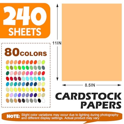 240 Sheets 8.5" X 11" Colored Cardstock, 80 Assorted Colors 180 GSM/65 LB Construction Paper Card Stock Printer Paper for Printing, Card Making, DIY Crafts, Kids School Supplies,Party Decorations