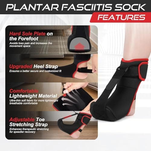 Plantar Fasciitis Night Splint Sock: Soft Plantar Fasciitis Brace with Arch Support for Sleeping Achilles Tendonitis Foot Drop Heel Pain - Plantar Fasciitis Relief for Women and Men Black-Red (Large) — view 3