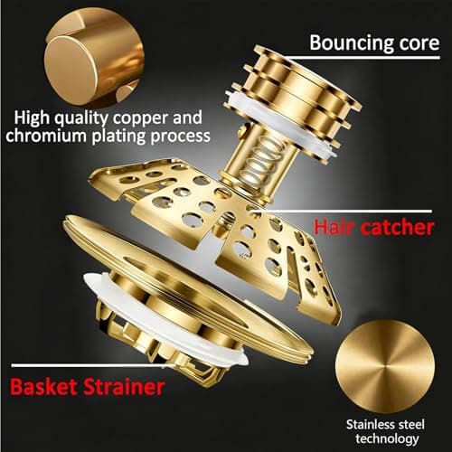 AzWzz Bathtub Drain Stopper, Pop Up Tub Stopper Plug with Bathtub Drain Hair Catcher Cover, Universal for 1.45 in to 1.8 in Tub Drain, Brushed Gold — view 5