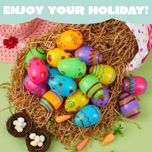 JOYIN Toy 18 PCs Plastic Printed Bright Easter Eggs, Over 3.15'' Tall Fillable Empty Eggs Bulks for Easter Hunt, Basket Stuffers Fillers, Classroom Prize Supplies, Filling Treats and Party Favor — view 4