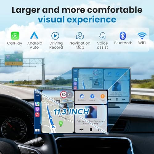 Portable Apple Carplay Screen for Car, 11.3" Extra Large Wireless Car Play & Android Auto Screen for Car, Car Stereo with 4K Dash Cam, App View, Backup Camera,GPS,Mirror Link,FM, Voice Control — view 4
