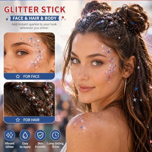 4th of July Body Glitter Stick, Patriotic Hair Face Glitter Stick, Fourth of July Outfits and 250th Anniversary Accessories, USA Flag Accessories for Women, Red White and Blue Waterproof Hair Glitter — view 4