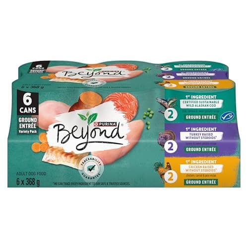 Beyond Grain Free Natural Wet Dog Food, Ground Entree Variety Pack 3 Flavours - 368 g Can (6 Pack)