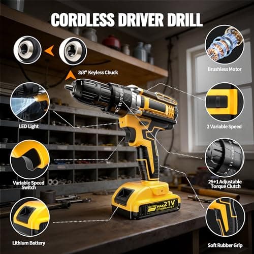 21V Cordless Drill Driver: 3/8" Keyless Chuck, Electric Power Drill Set with 2×Batteries, Drill and Driver Bits, 25+1 Torque for Screwdriving, Drilling into Wood/Plastic/Metal — view 5