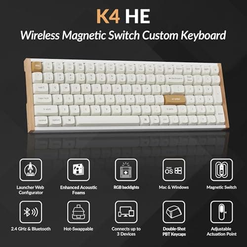 Keychron K4 HE 96% Wireless Hall Effect Keyboard, Gateron Magnetic Linear Switch, Analog Mode & Rapid Trigger, QMK RGB, 2.4GHz/BT5.2/USB-C, Multitasker for Mac/Windows/Linux, Wood Accent Frame - White