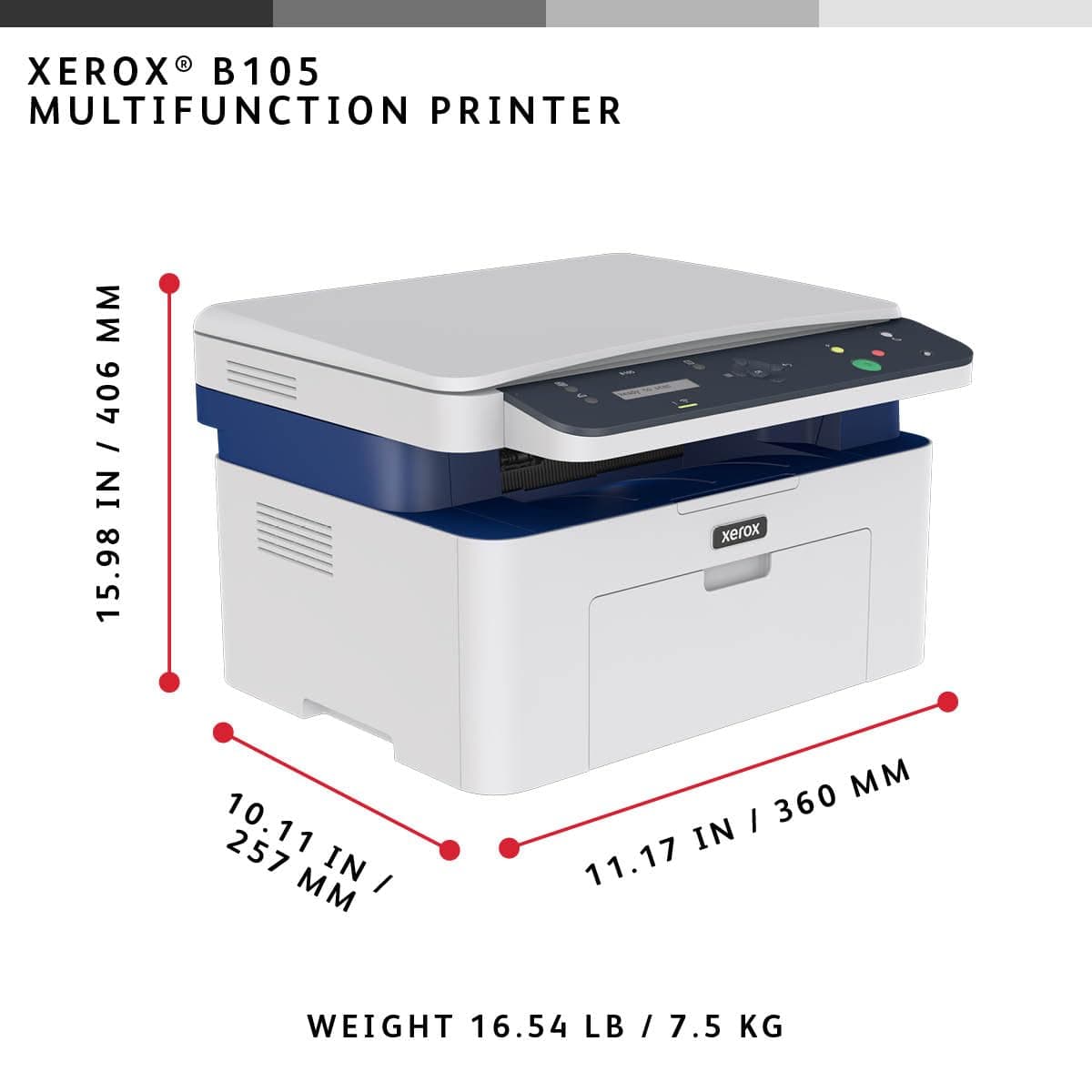 Xerox B105 Multifunction Wireless Printer - Compact Mono Laser All-in-One, Fast 20ppm, Print/Scan/Copy, A4, Desktop Home Office, Small Team, Mobile Ready, Wi-Fi, AirPrint — view 3