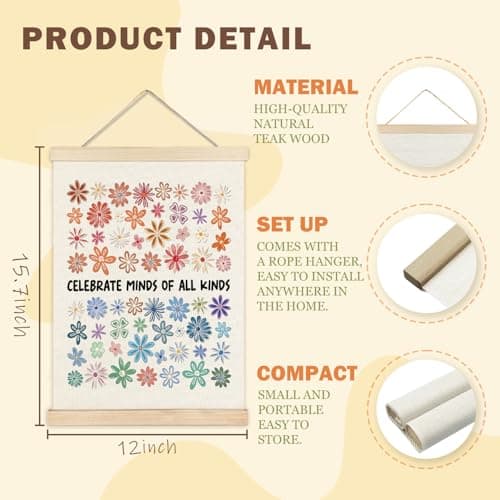 MHJFERGV Autism Awareness Mental Health Wall Art Poster, Neurodiversity Celebrate Minds of all Kinds Colorful Floral Canvas Wall Decor for Counseling Therapy Office, 12x16 Inches