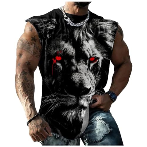 Workout Tank Tops for Men Lion Print Gym Muscle Loose Fit Oversized Casual Funny Sleeve Shirts Crewneck Cotton Retro Novelty Summer Beach Vacation Cool Quick Dry Tops,5XL