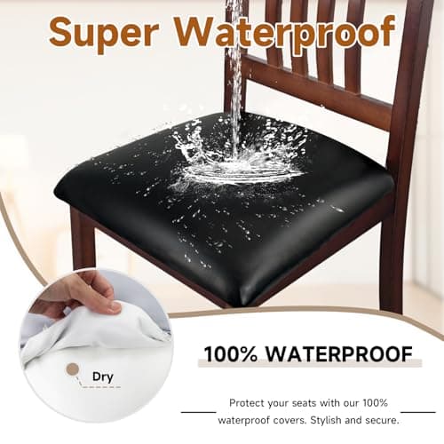 Waterproof Seat Covers for Dining Chairs Soft PU Leather Dining Chair Seat Covers Set of 4, Durable and Wipeable Kitchen Chair Slipcover Protector with Elastic Band for Dining Room (Black, 4Pcs) — view 3