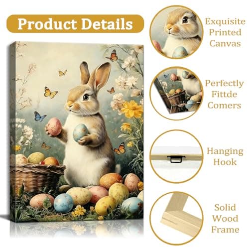 Easter Bunny Canvas Wall Art, Cute Rabbit and Easter Eggs Painting Prints, Vintage Farmhouse Spring Animal Picture, Modern Framed Easter Wall Decor for Bedroom, Living Room, Bathroom, Office 8×10In — view 5