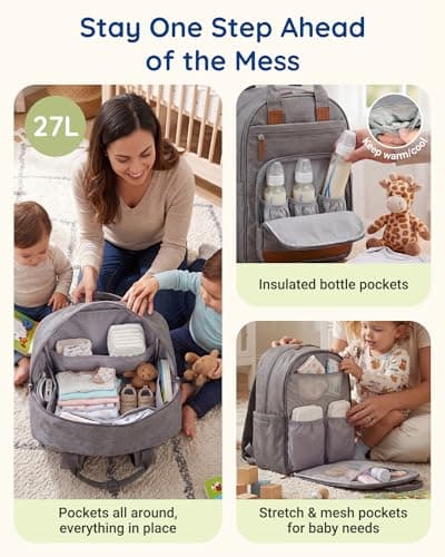 mommore Diaper Bag Backpack with Waterproof Changing Pad, Insulated Bottle Holders & Pacifier Case, Baby Diaper Bag with 2 Organizer Pouches, Stroller Straps, Light Gray — view 2