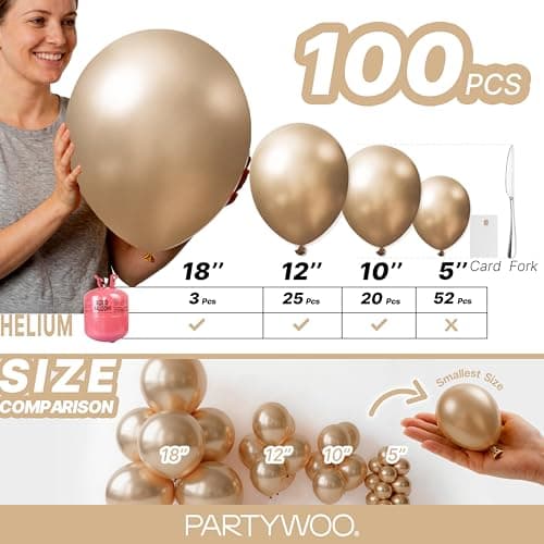 PartyWoo Chrome Gold Balloons, 100 pcs Gold Chrome Balloons Different Sizes Pack of 18 Inch 12 Inch 10 Inch 5 Inch for Balloon Garland or Arch as Birthday Decorations, Party Decorations, Gold-G127 — view 5