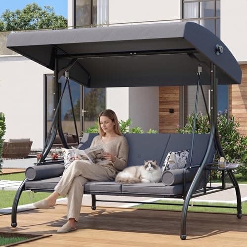 Aoxun Outdoor Porch Swing with Stand and Canopy, 3 Seats Outdoor Swings for Adults, Convertible 2 in 1 Swing Bed with Cup Holder, Patio Swings with Thicken Cushions for Garden, Yard & Balcony, Grey