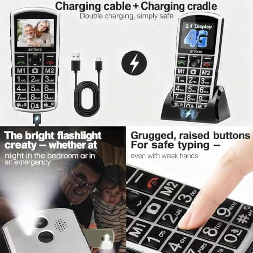 artfone A400 Big Button Cell Phone for Seniors, 4G LTE Unlocked Phones, SOS Button, 2MP Camera, Charging Dock, 3 Slots, Speed Dial, Volume Boost, Large Fonts, Voice Time, Dumb Phone, 1800mAh - Silver — view 2