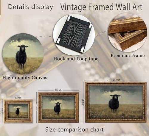 Vintage Gold Framed Moody Black Sheep Wall Art Countryside Landscape Painting Canvas Dark Academia Animal Picture Wall Decor Farmhouse Cottage Print Artwork For Living Room Bedroom Home Decoration — view 4