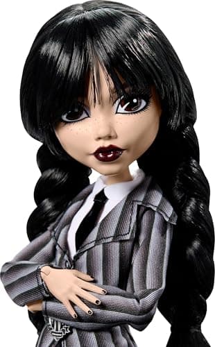 Monster High Wednesday Doll and Accessories, Wednesday Addams Collectible in Nevermore Academy Uniform with Thing and Backpack, Doll Stand — view 2