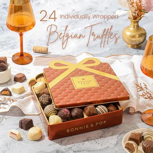 Chocolate Gift Basket, Candy Food Gifts Arrangement Platter, Gourmet Belgian Snack Gift Bow Tin Box, Present Idea, Corporate Him & Her, Men Women Family Parties- Bonnie and Pop — view 2