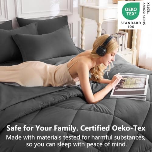 CozyLux Queen Comforter Set Dark Grey - Bed in a Bag Queen Size 7 Pieces, Luxury Soft Bed Set for All Seasons, Bedding Set with Comforter, Sheets, Pillowcases & Shams, Dark Gray, Queen — view 2