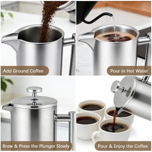 CAOANTRY French Press Coffee Maker, 304 Grade Stainless Steel French Press with 2 Extra Filters for Home, Office, Travel, Camping - 34OZ/1 Litre (Sliver) — view 4