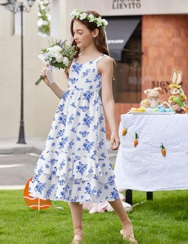 Arshiner Girls Floral Print Dress Casual Sleeveless Summer Sundress with Pockets for 11-12 Y Blue Floral — view 2