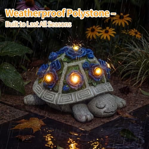 Solar Garden Outdoor Decor Turtle Statue with Dark Blue Roses & 7 LED Lights – Outside Tortoise Decor for Yard Patio Balcony & Backyard - Home House Decoration Art- Gift for Women Mom & Grandma — view 3