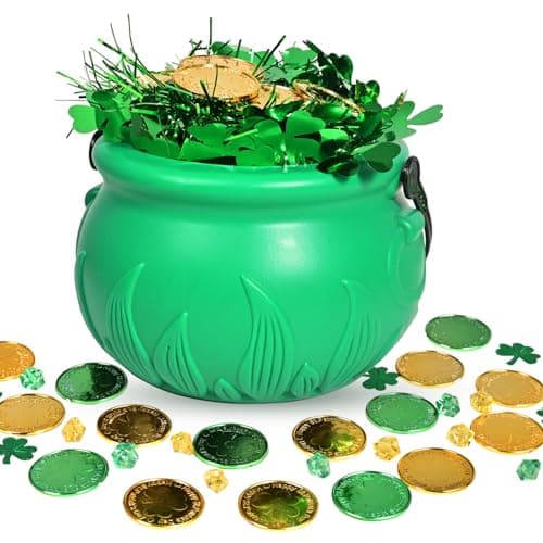 252Pcs St.Patrick's Day Green Pot Set 5.7" St Patrick’s Day Leprechaun Plastic Cauldron Bucket with Shamrock Coins Gems Shamrock Garland & Sequins for St. Patrick's Day Party Decor