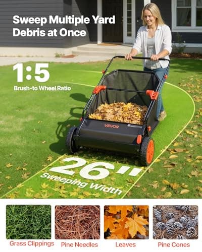 VEVOR Push Lawn Sweeper, 26 in Leaf & Grass Collector with 7 cu. ft. Hopper Bag, Adjustable Brush Height & Spinning Brushes, Heavy Duty Yard Sweeper with Rubber Wheels for Leaves Grass Cleanup
