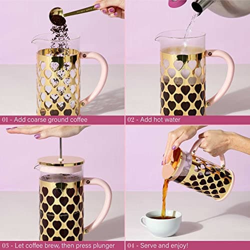 Paris Hilton French Press Coffee Maker With Heart Shaped Measuring Scoop, 2-Piece Set, 8-Cup or 34-Ounce, Pink — view 3