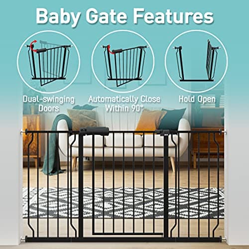 WAOWAO Baby Gate 52.76-57.48inch Extra Wide Pressure Mounted 53 54 56 57 Inches Walk Through Swing Auto Close Safety Black Metal Toddler Kids Child Dog Pet Puppy Cat for Stairs, Doorways, Kitchen — view 3