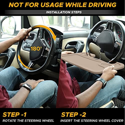 EcoNour 2 in 1 Car Steering Wheel Desk (Beige) | Steering Wheel Tray for Laptop, Eating, Drinks | Rectangular ABS Car Tray with Pen Holder & Cup Holder — view 5