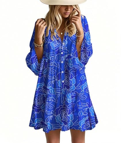 Opemiby Summer Dresses for Women 2026 Flowy Ruffle 3/4 Sleeve V Neck Tiered Casual Babydoll Boho Beach Mini Dress Bright Blue Floral L
