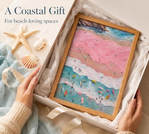 Framed Pink Girl Coastal Canvas Wall Art, Beach Surfers on Pastel Sand Painting Picture Wall Decor,Vibrant Ocean Poster Print Artwork,for Bedroom Bathroom Girls Room Home Decoration 8x10inch — view 7
