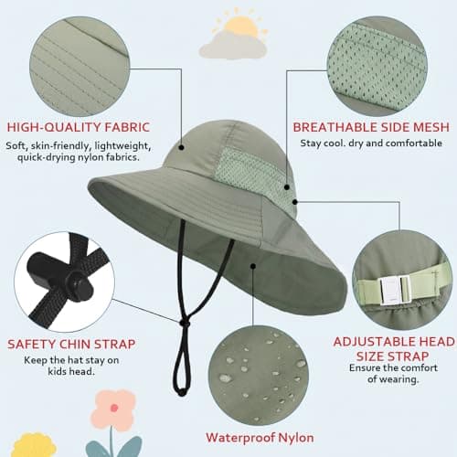 scenicamp 2 Pack Kids Sun Hat with Neck Flap, UV Protection 50+ Wide Brim Summer Beach Hat for Toddler Boys Girls, Outdoor Play Swimming Gardening and Hiking(White,Green)