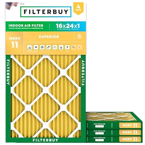 Filterbuy 16x24x1 Air Filter MERV 11 Superior Pet & Allergy Defense (4-Pack), Electrostatic Pleated HVAC AC Furnace Filters Replacement, Made in USA (Actual Size: 15.38 x 23.38 x 0.75)