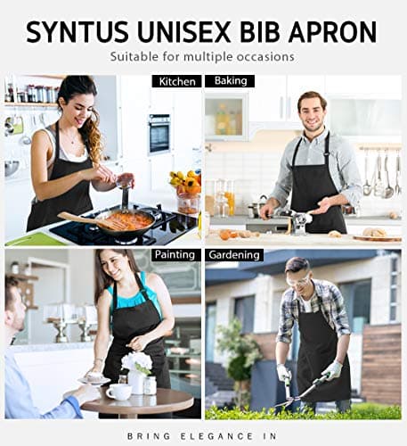 Syntus Adjustable Bib Apron with 2 Pockets Cooking Kitchen Aprons for Women Men Chef, Basic Black 2 Polyester — view 6