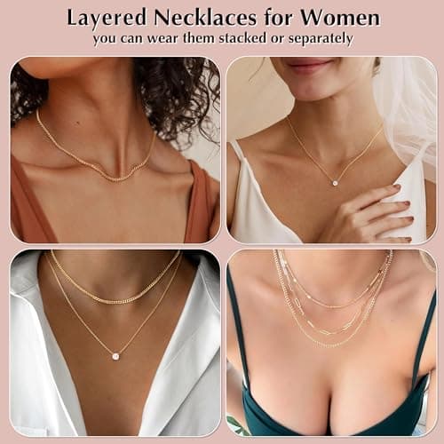 WomenGifts Layered Gold Necklaces for Women, 14K Gold Plated Dainty Cute Pendant Necklace Jewelry Set, Chunky Stackable Cuban Chain Choker Collar, Trendy Waterproof Non Tarnish Jewelry Gift for Mom — view 4