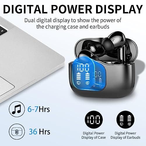 Wireless Earbuds, Bluetooth Headphones 5.4 HiFi Stereo, Wireless Earphones with ENC Noise Cancelling Mic, IP7 Waterproof in Ear Headphones, LED Digital Display Ear Buds, Touch Control, Black — view 5