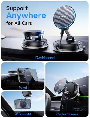ANDERY Only for iPhone Magsafe Car Mount Charger [15W Fast Wireless Charge, 78+LBS Strong Suction & 2400gf Magnetic] 360° Adjustable Car Phone Holder, Phone Holders for Your Car Dash Accents Accessory — view 2