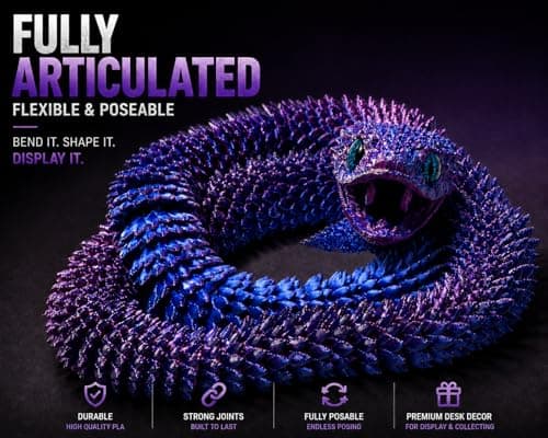 Articulated Crystal Snake – 3D Printed Flexible Snake Figurine, 58 cm (23 in) Poseable Serpent with Movable Mouth, Realistic Eyes, Fantasy Desk Decor (Ages 14+), (Purple) — view 3