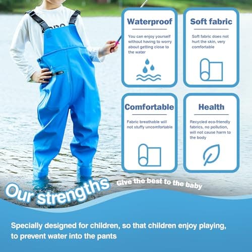 VicBre Kids Chest Waders with Non-Slip Boots, Attached System with Waterproof Trousers, Waders for Boys and Girls, Blue, 6 Little Kid — view 2