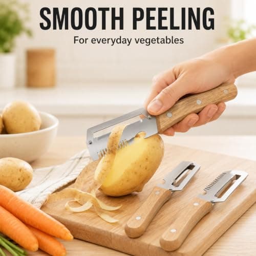 3-Piece Wooden Peeler Set, Stainless Steel Vegetable Peelers with Bottle Opener & Scallion Shredder Tool, Potato Peeler and Green Onion Strip Maker for Kitchen Food Prep — view 2