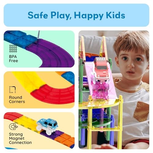 PicassoTiles 100 PCs Race Car Track Set Magnetic Toy Building Block with 2 LED Cars with Height Adjustable Roads Signs Education STEM Building Kit Learning Construction Fun for Boys & Girls Ages 3+ — view 3