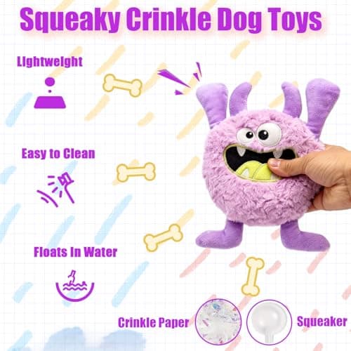 HUGEME Plush Squeaky Dog Toy, Crinkle Stuffed Dog Toy Keep Them Busy Tug of War Birthday Dog Chew Toy for Small Medium Large Dogs (Purple)
