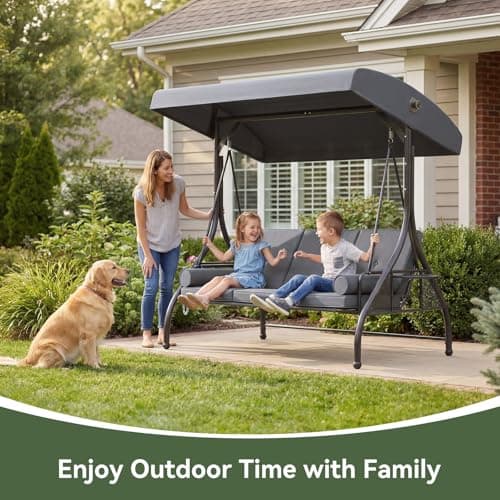 Aoxun Outdoor Porch Swing with Stand and Canopy, 3 Seats Outdoor Swings for Adults, Convertible 2 in 1 Swing Bed with Cup Holder, Patio Swings with Thicken Cushions for Garden, Yard & Balcony, Grey — view 5